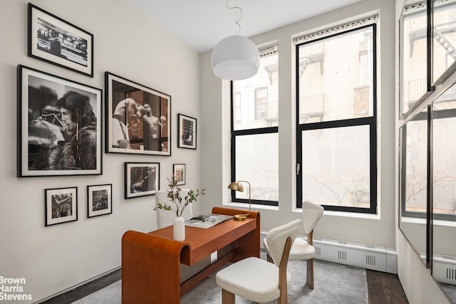 office space featuring a baseboard radiator, dark wood finished floors, and a wealth of natural light