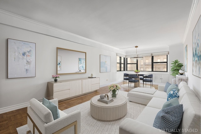 living area featuring a chandelier, crown molding, and baseboards