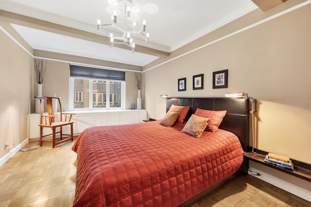 bedroom featuring ornamental molding, a chandelier, and baseboards