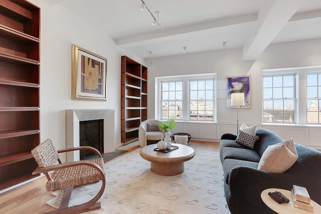 living room with built in shelves, a fireplace with flush hearth, light wood-type flooring, beam ceiling, and rail lighting