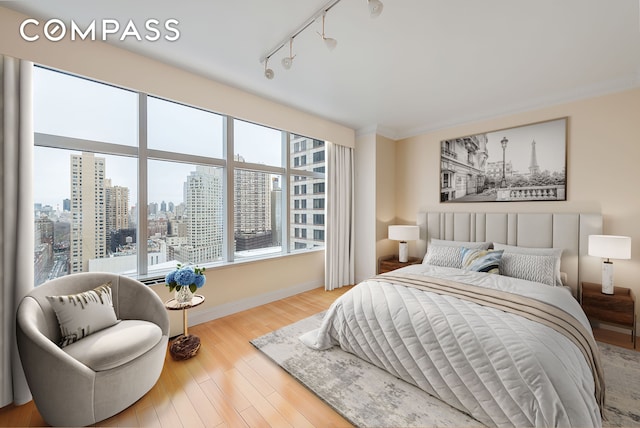 160 W 66th St Unit 23D, New York City, NY 10023 - bedroom featuring a city view, wood finished floors, track lighting, and ornamental molding
