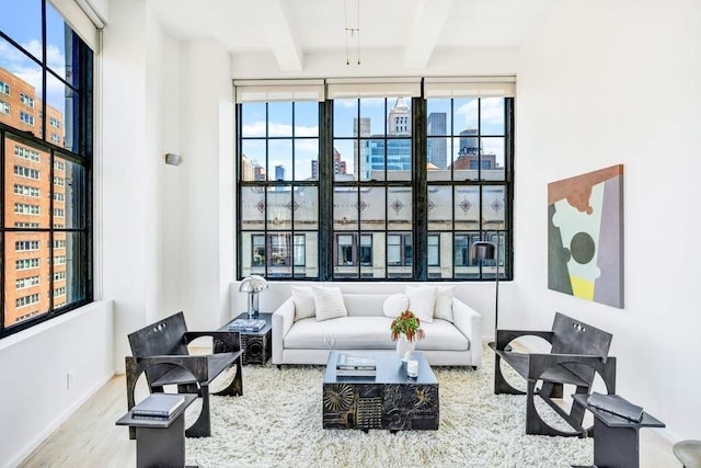 living area with a view of city, baseboards, beam ceiling, and wood finished floors