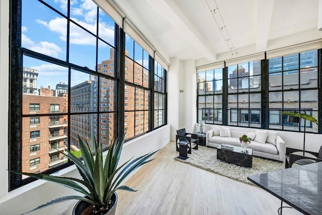 sunroom featuring beam ceiling, a city view, and a healthy amount of sunlight