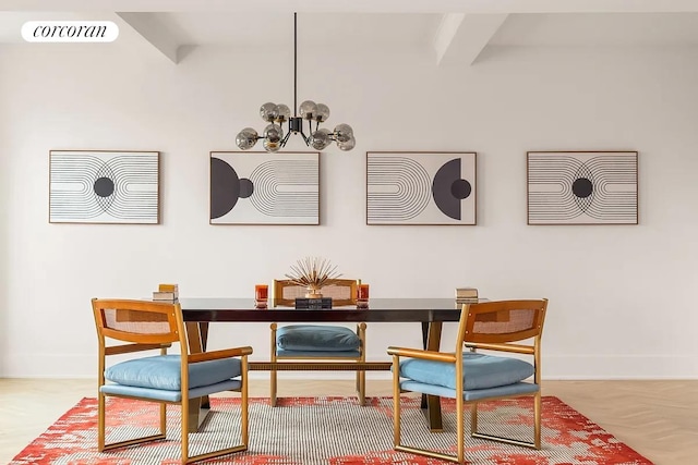 dining room with baseboards, visible vents, a chandelier, and beam ceiling