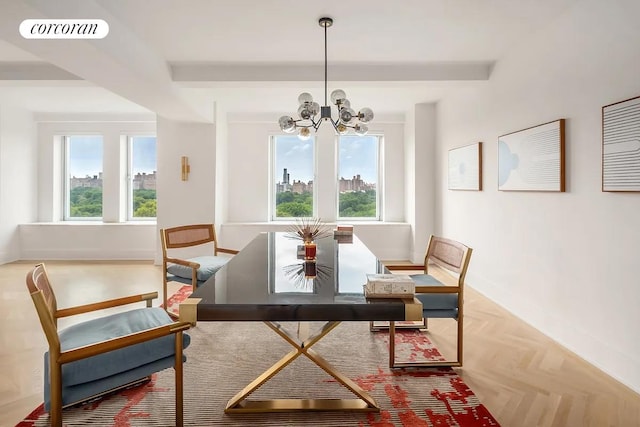1200 5th Ave Unit 15Ab, New York City, NY 10029 - dining area featuring baseboards, a chandelier, and beam ceiling