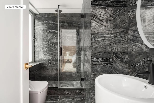 1200 5th Ave Unit 15Ab, New York City, NY 10029 - full bathroom featuring marble look tiles and a marble finish shower