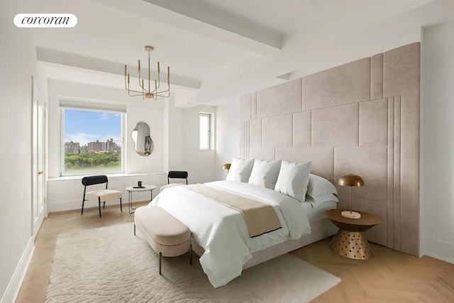 bedroom featuring beam ceiling, visible vents, a notable chandelier, and baseboards