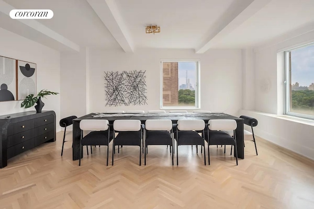 dining space with baseboards, visible vents, and beamed ceiling