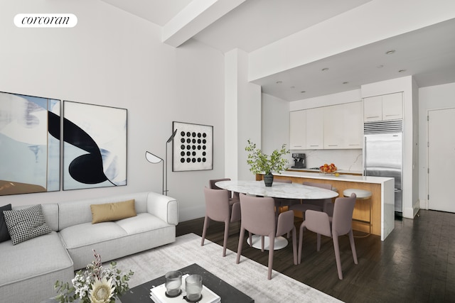 living room with dark wood-style flooring and visible vents