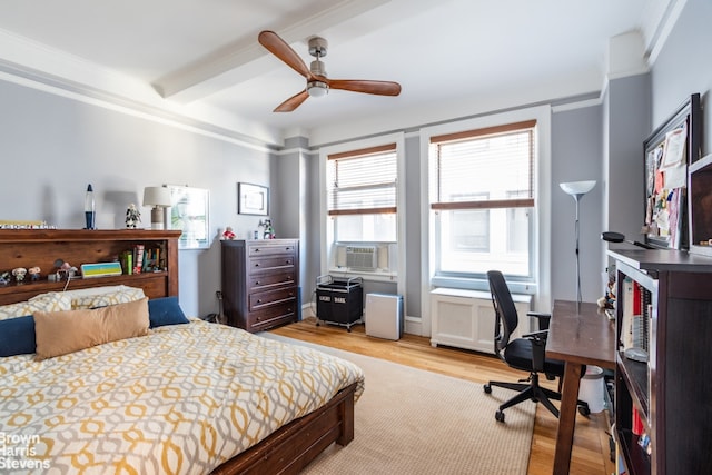 bedroom with a ceiling fan, light wood-style flooring, cooling unit, and beamed ceiling