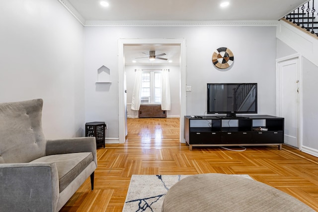 living room with crown molding, stairway, recessed lighting, and baseboards