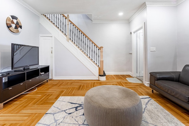 living area with crown molding, stairway, recessed lighting, and baseboards