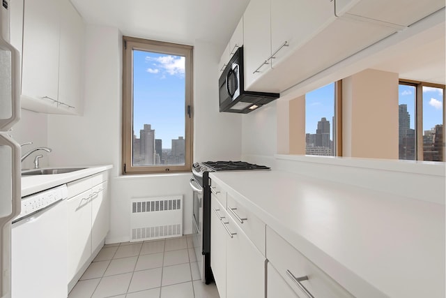 kitchen with white dishwasher, radiator, stainless steel range with gas cooktop, a skyline view, and a sink