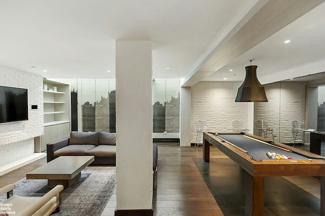 recreation room featuring pool table, wood finished floors, built in shelves, and recessed lighting