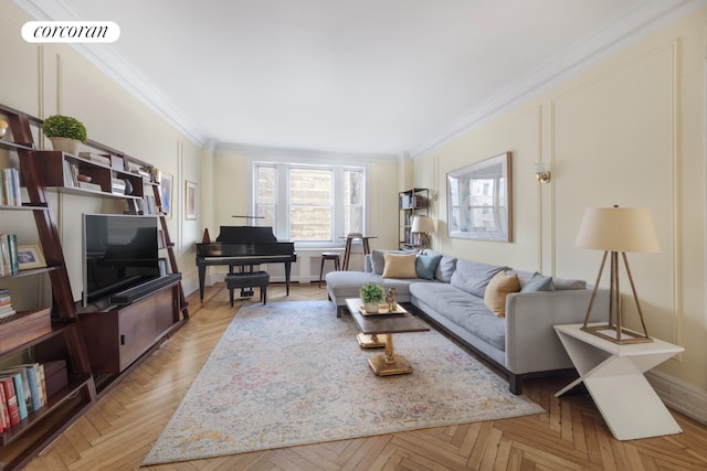 living room featuring visible vents and crown molding