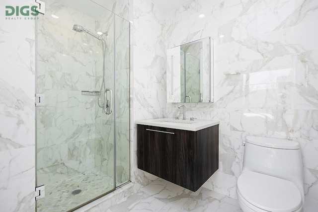 full bathroom with toilet, vanity, and a marble finish shower