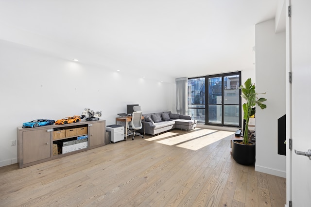 living room with expansive windows, baseboards, and light wood-style floors