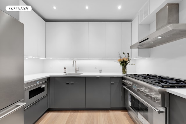 kitchen with a sink, gray cabinetry, stainless steel appliances, wall chimney exhaust hood, and modern cabinets