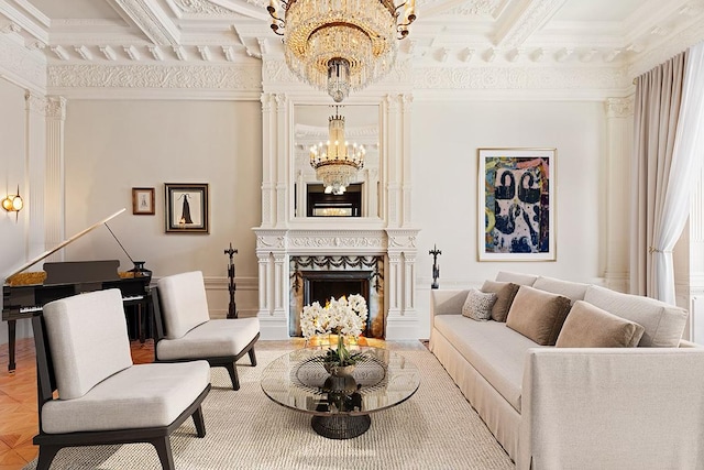 living area featuring a large fireplace, a chandelier, coffered ceiling, and crown molding