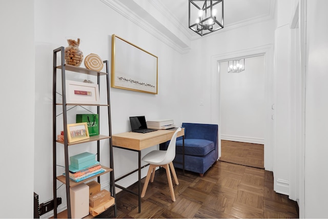 office featuring a chandelier and ornamental molding