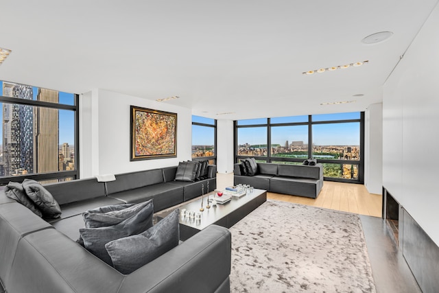 living room with floor to ceiling windows, wood finished floors, and a view of city
