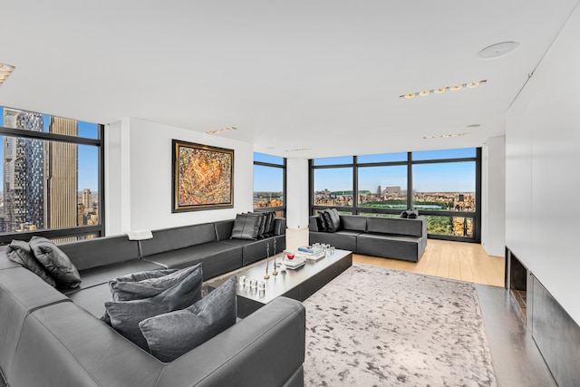 living area with a city view, a wealth of natural light, and floor to ceiling windows