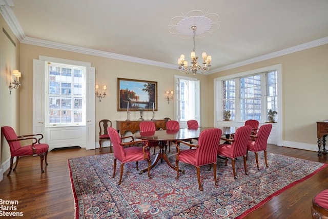 1 Beekman Pl Unit 7/8A, New York City, NY 10022 - dining area with a chandelier, ornamental molding, wood finished floors, and baseboards