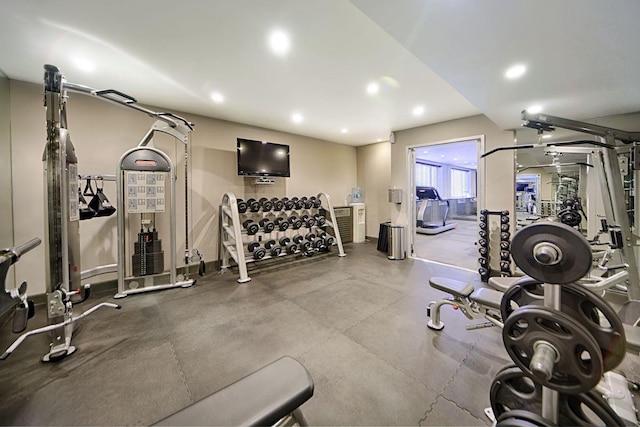 workout area with recessed lighting