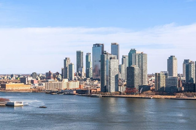 property's view of city featuring a water view