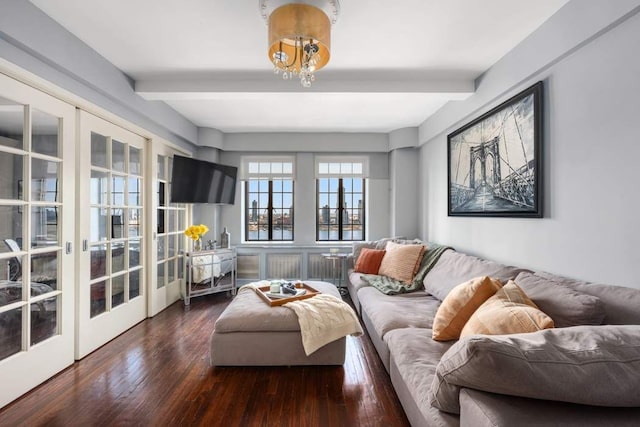 living room with beamed ceiling, french doors, and wood-type flooring