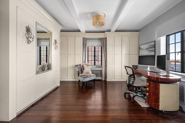 home office featuring beam ceiling and dark wood finished floors