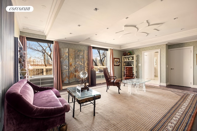 interior space featuring a wealth of natural light, crown molding, and wallpapered walls