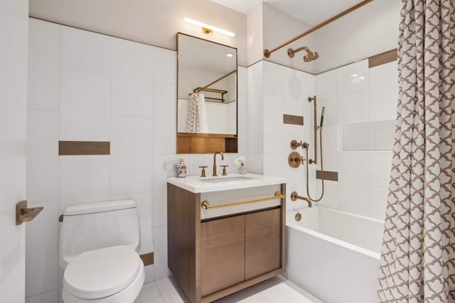 full bathroom featuring toilet, tile walls, shower / bath combo, and vanity