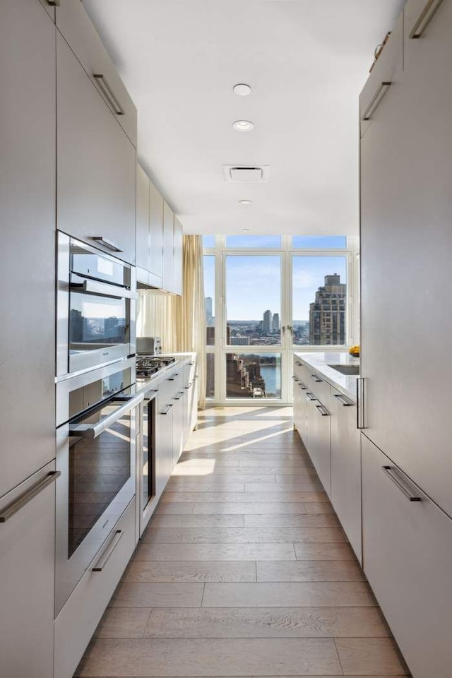 kitchen featuring light wood finished floors, appliances with stainless steel finishes, modern cabinets, and a wall of windows