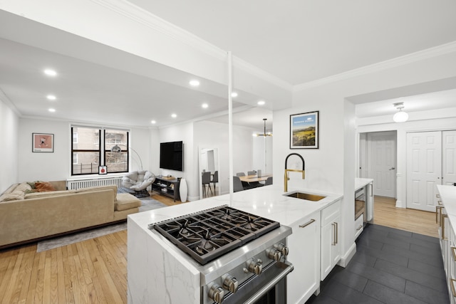 kitchen featuring open floor plan, stainless steel stove, wood finished floors, white cabinets, and a sink