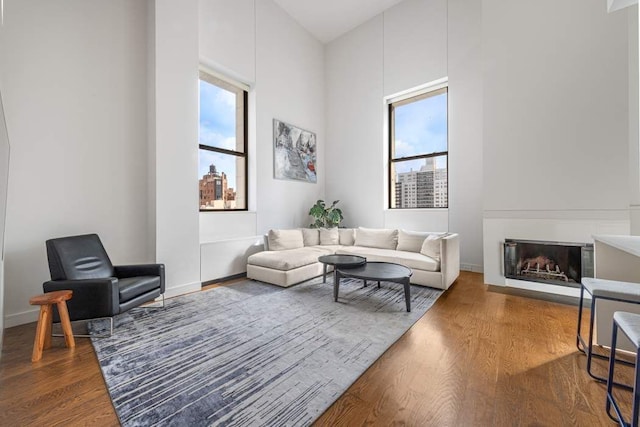 living area with a glass covered fireplace, a high ceiling, wood finished floors, and baseboards