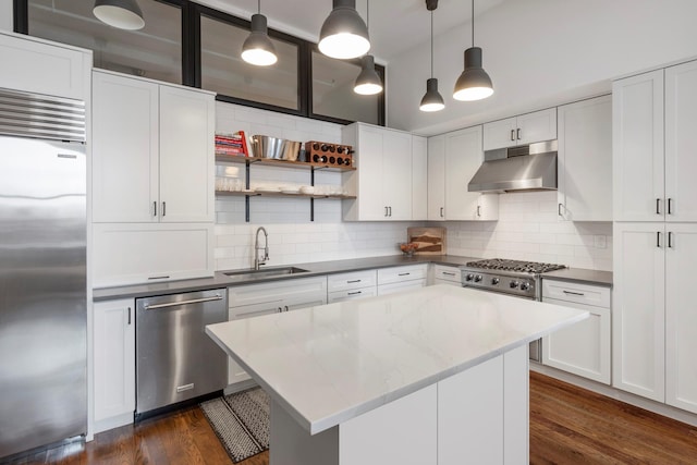 kitchen with dark wood-style flooring, appliances with stainless steel finishes, a sink, tasteful backsplash, and under cabinet range hood