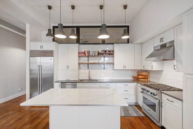 kitchen with under cabinet range hood, dark wood finished floors, premium appliances, decorative backsplash, and a sink