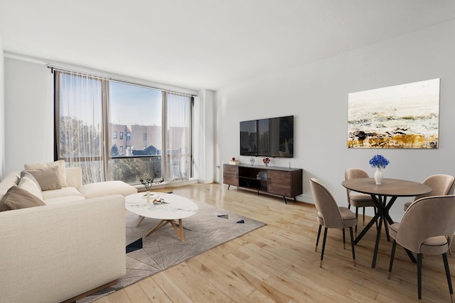 living area with floor to ceiling windows and hardwood / wood-style flooring