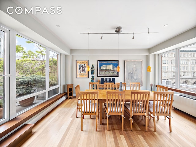 dining space featuring light wood-type flooring and track lighting