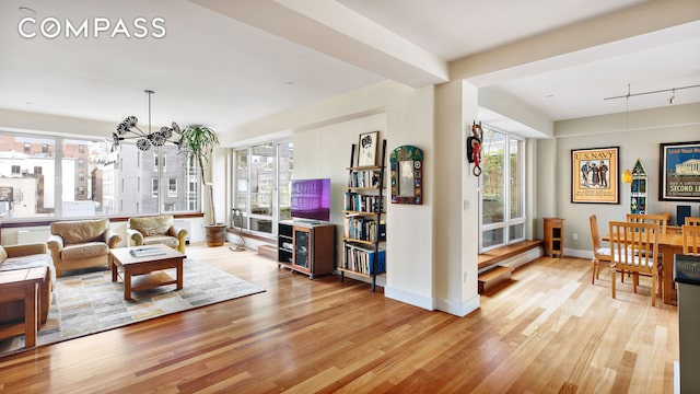 living area featuring plenty of natural light, rail lighting, baseboards, and wood finished floors