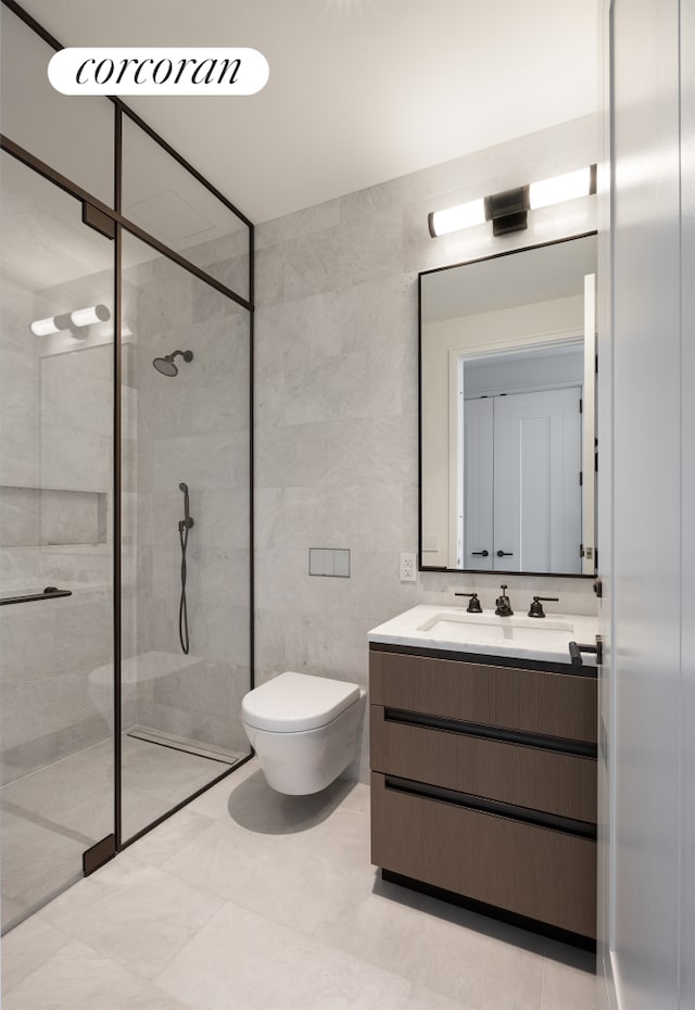 full bathroom featuring walk in shower, toilet, tile walls, and vanity