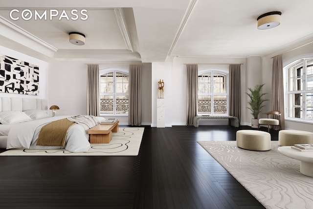 2109 Broadway Unit 5109, New York City, NY 10023 - bedroom with ornamental molding, dark wood-style floors, and baseboards