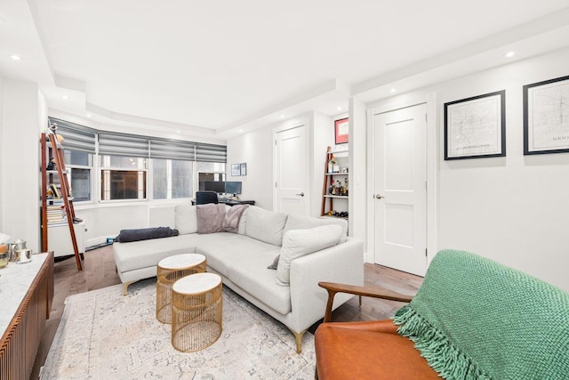 living area with recessed lighting, wood finished floors, and a raised ceiling