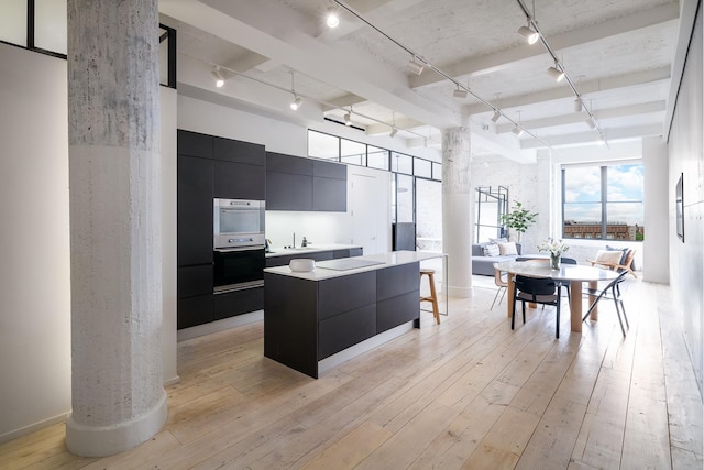 kitchen with a kitchen island, modern cabinets, track lighting, double oven, and dark cabinets
