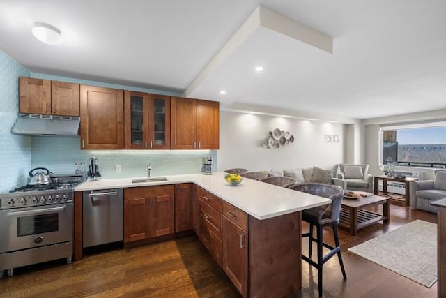 kitchen with a peninsula, stainless steel appliances, under cabinet range hood, a kitchen bar, and open floor plan