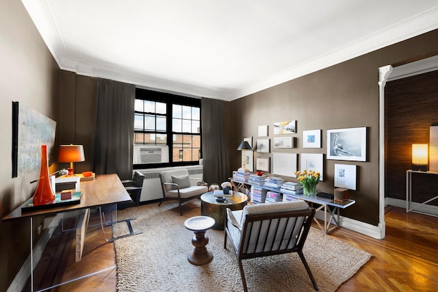 interior space featuring cooling unit, baseboards, and ornamental molding