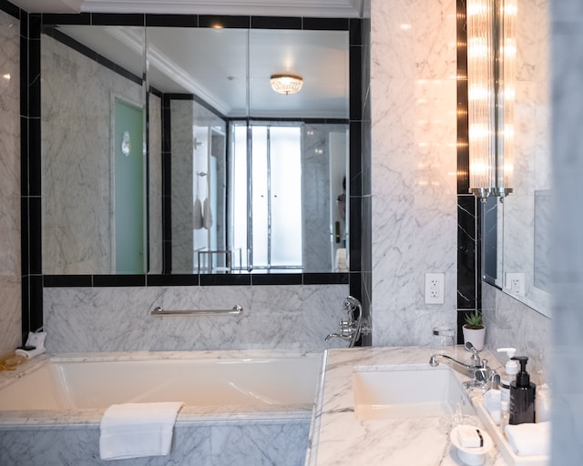 2 E 55th St Unit 931/935, New York City, NY 10022 - bathroom with a garden tub, ornamental molding, and vanity