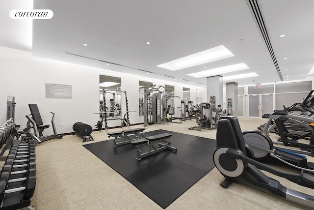 gym featuring visible vents, recessed lighting, and carpet floors