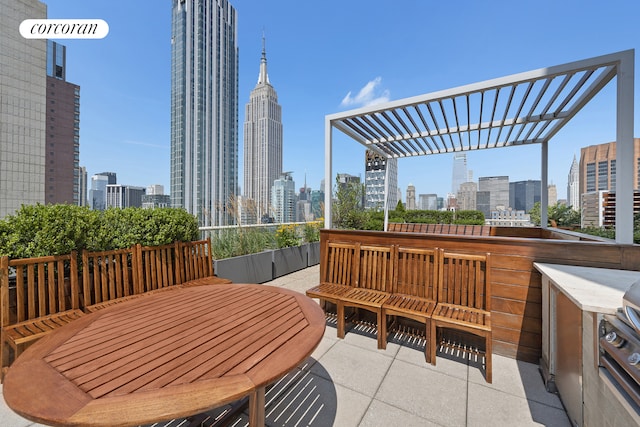 balcony featuring a view of city, a pergola, outdoor dry bar, and a patio